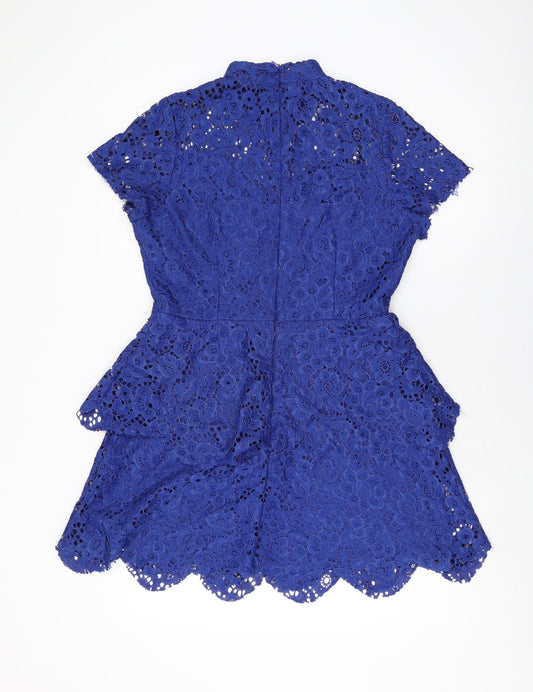 Missguided Womens Blue Floral Polyester Skater Dress Size 14 Round Neck Zip