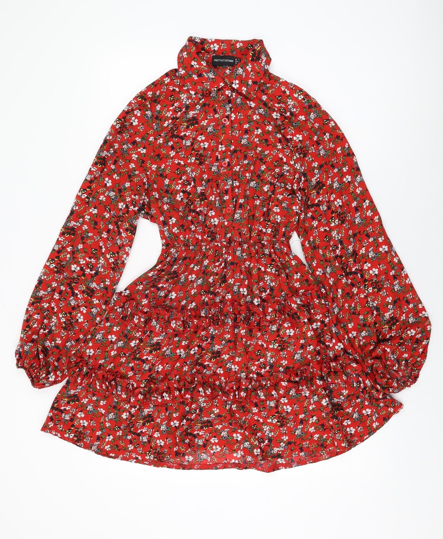 PRETTYLITTLETHING Womens Red Floral Polyester A-Line Size 6 Collared Button