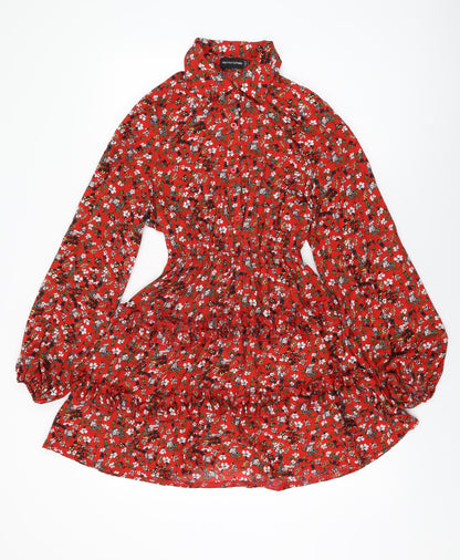 PRETTYLITTLETHING Womens Red Floral Polyester A-Line Size 6 Collared Button