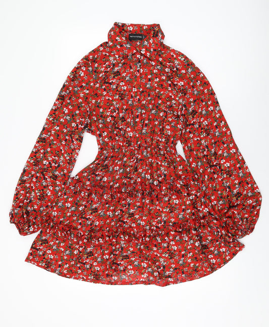 PRETTYLITTLETHING Womens Red Floral Polyester A-Line Size 6 Collared Button