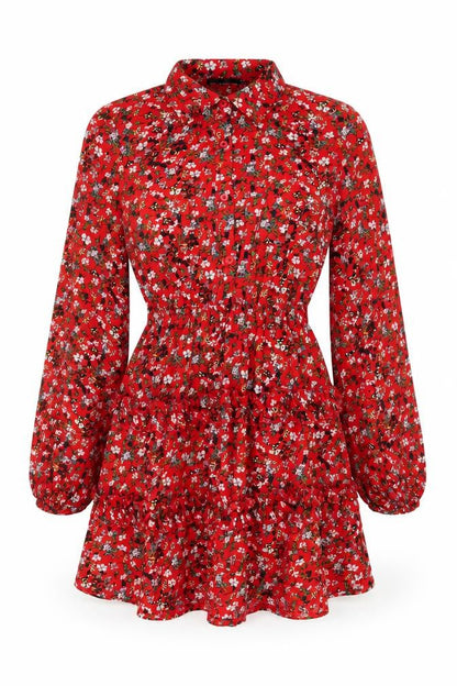 PRETTYLITTLETHING Womens Red Floral Polyester A-Line Size 6 Collared Button
