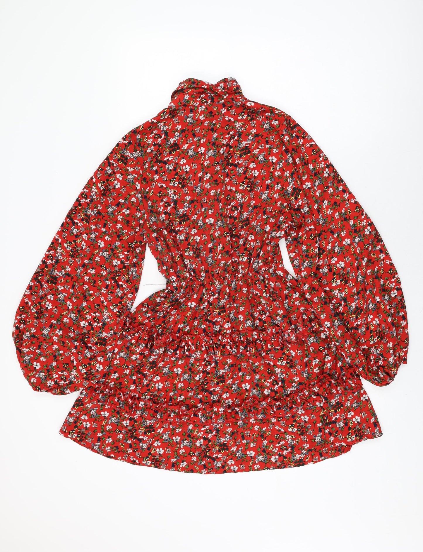 PRETTYLITTLETHING Womens Red Floral Polyester A-Line Size 6 Collared Button