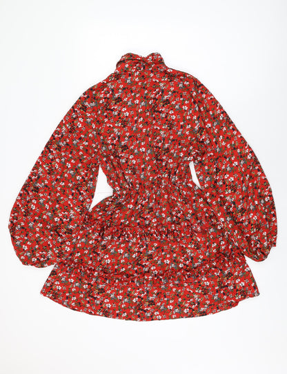 PRETTYLITTLETHING Womens Red Floral Polyester A-Line Size 6 Collared Button