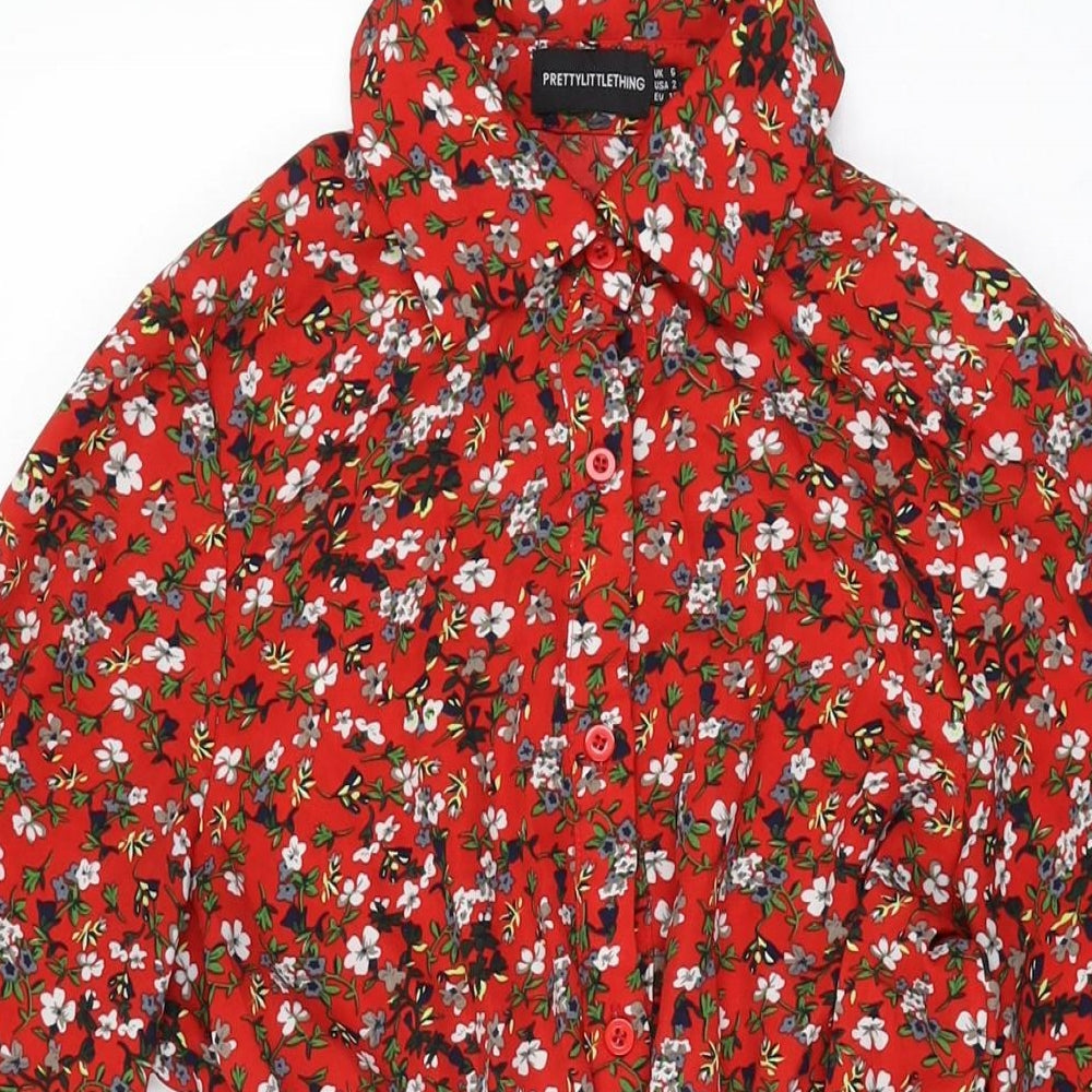PRETTYLITTLETHING Womens Red Floral Polyester A-Line Size 6 Collared Button