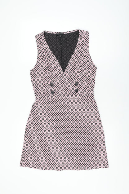 Miss Selfridge Womens Pink Geometric Polyester Shift Size 12 V-Neck Pullover