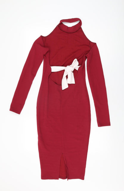 Boohoo Womens Red Polyester Bodycon Size 10 Round Neck Pullover