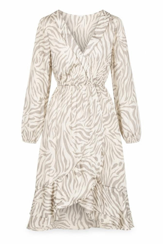 Front view of I SAW IT FIRST women’s beige animal print polyester a-line, size UK 8, v-neck pullover