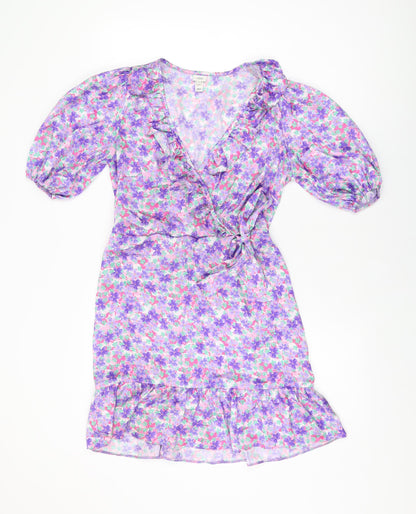 River Island Womens Purple Floral Polyester Skater Dress Size 8 V-Neck Pullover