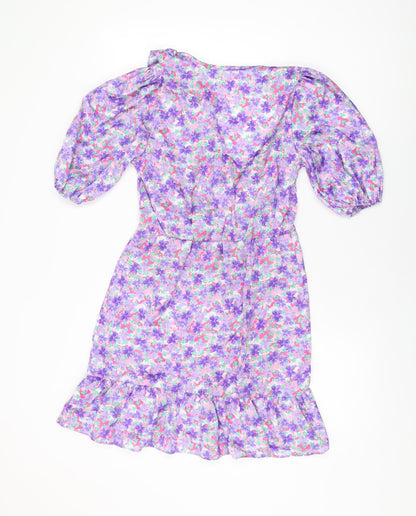 River Island Womens Purple Floral Polyester Skater Dress Size 8 V-Neck Pullover