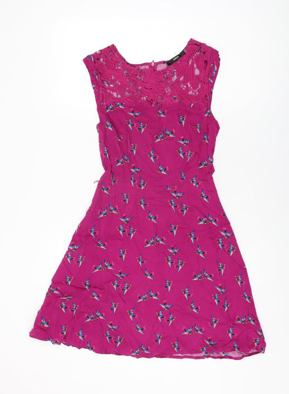 Oasis Womens Purple Geometric Viscose Skater Dress Size 8 Round Neck Zip