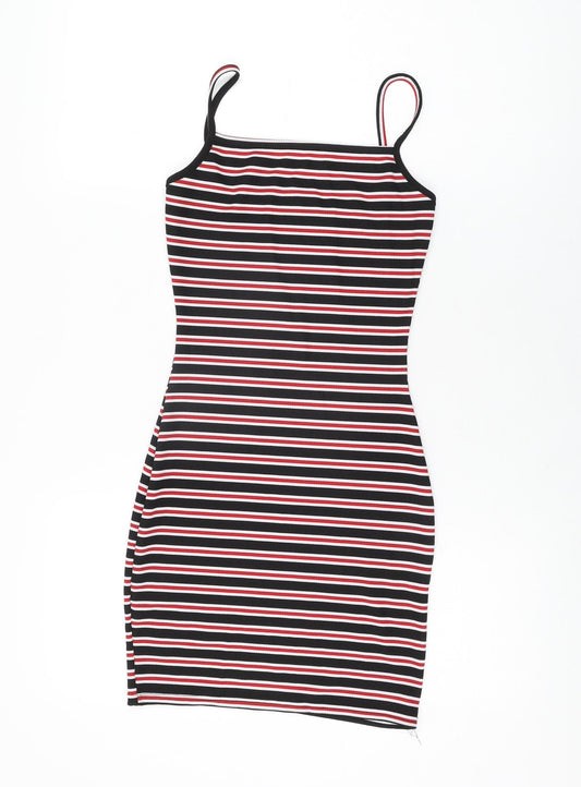 PRETTYLITTLETHING Womens Black Striped Polyester Bodycon Size 6 Round Neck Pullover