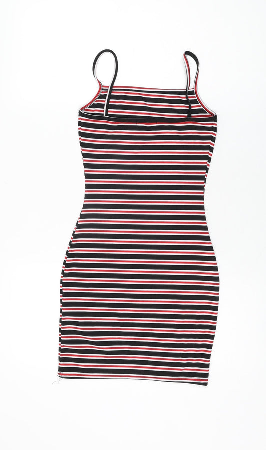 PRETTYLITTLETHING Womens Black Striped Polyester Bodycon Size 6 Round Neck Pullover