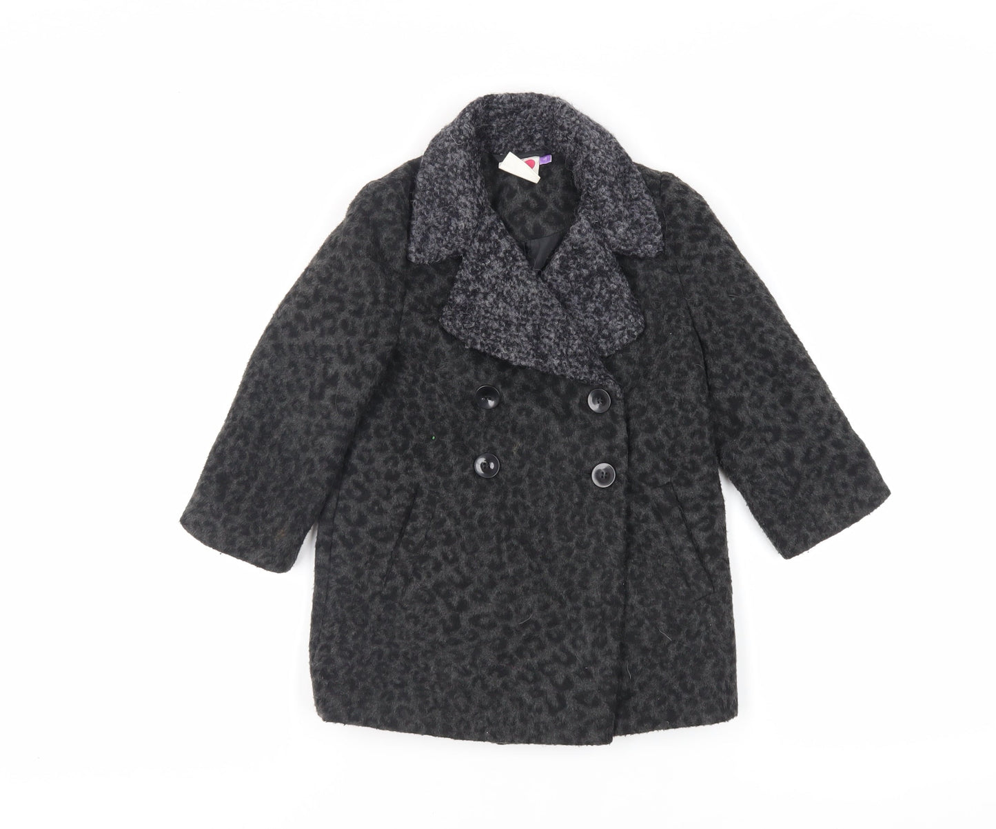 John Lewis Girls Black Animal Print Pea Coat Coat Size 4 Years Button