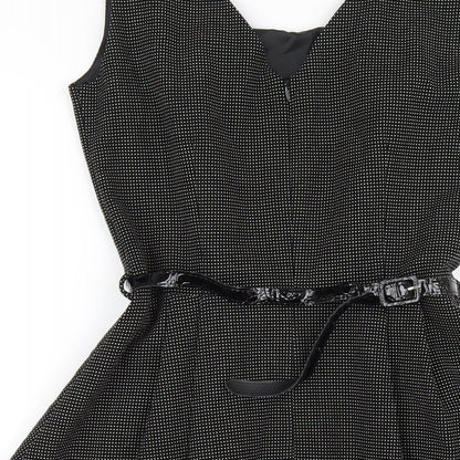 NEXT Womens Black Polka Dot Polyester A-Line Size 6 Scoop Neck Zip
