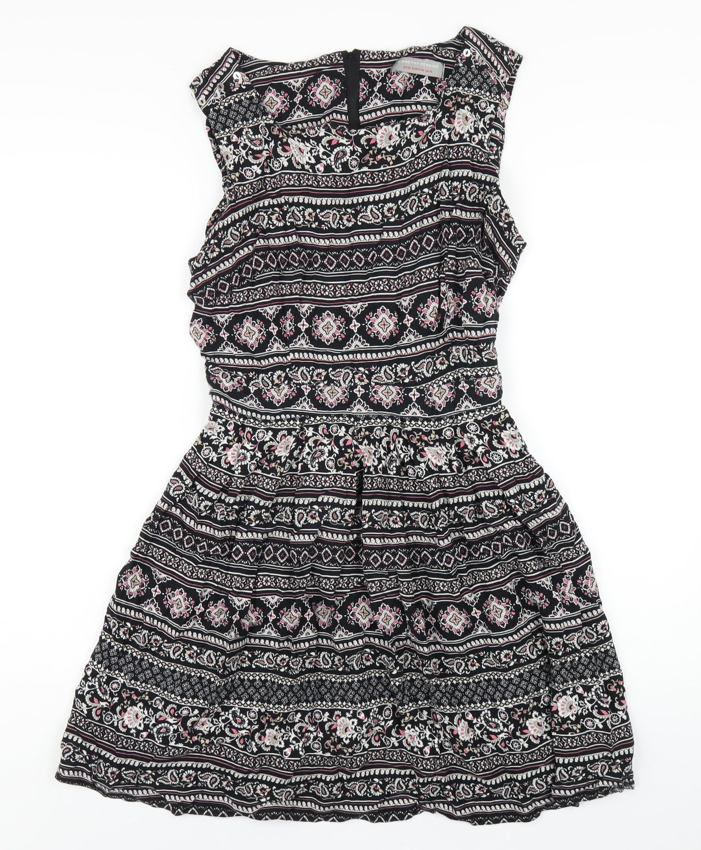 Dorothy Perkins Womens Black Geometric Viscose A-Line Size 16 Square Neck Zip