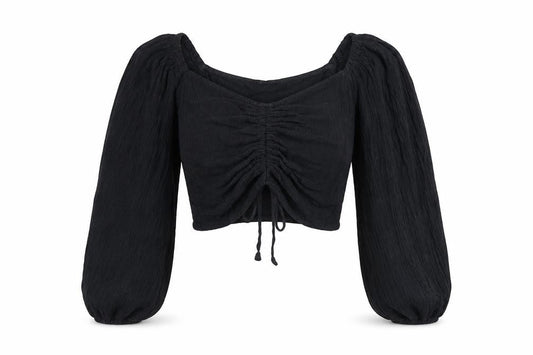 Front view of ASOS women’s black cotton cropped t-shirt, size UK 2, v-neck