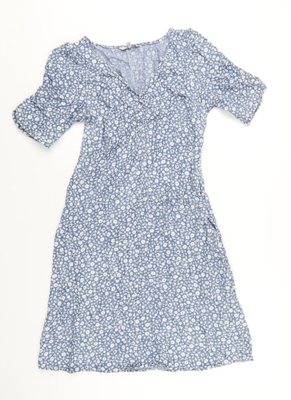 NEXT Womens Blue Floral Lyocell A-Line Size 10 V-Neck Zip