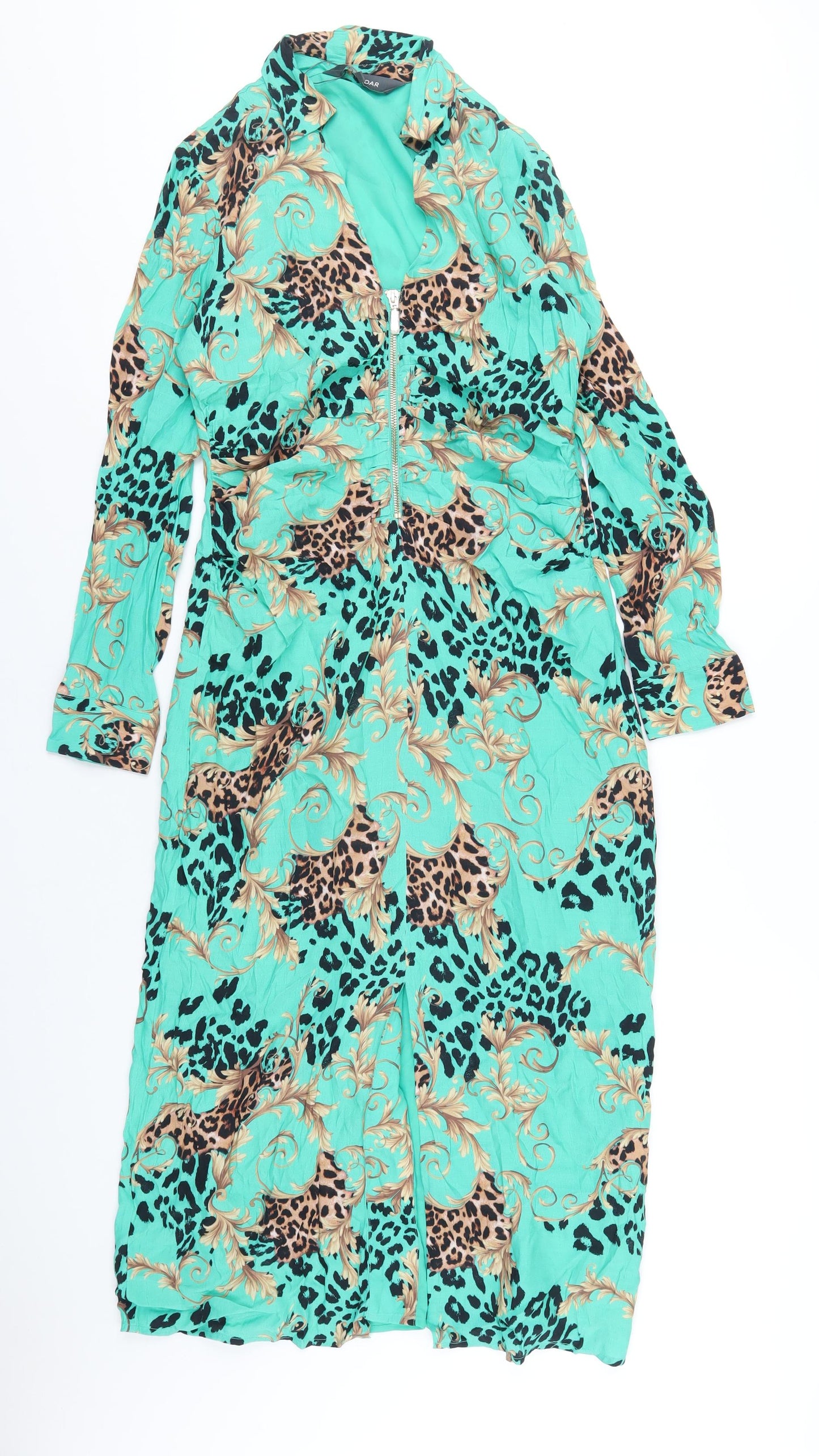 Sosandar Womens Green Geometric Viscose A-Line Size 10 V-Neck Zip