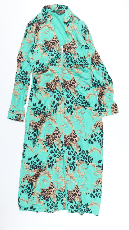 Sosandar Womens Green Geometric Viscose A-Line Size 10 V-Neck Zip