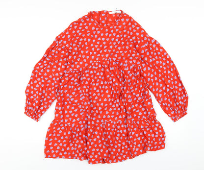 Marks and Spencer Girls Red Geometric Viscose A-Line Size 11-12 Years Round Neck Zip