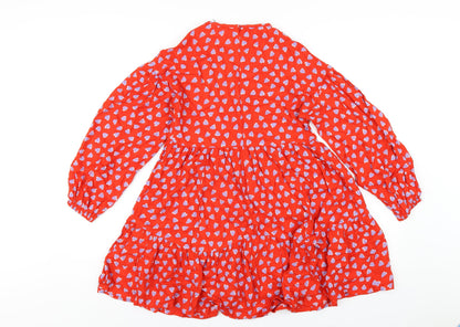 Marks and Spencer Girls Red Geometric Viscose A-Line Size 11-12 Years Round Neck Zip