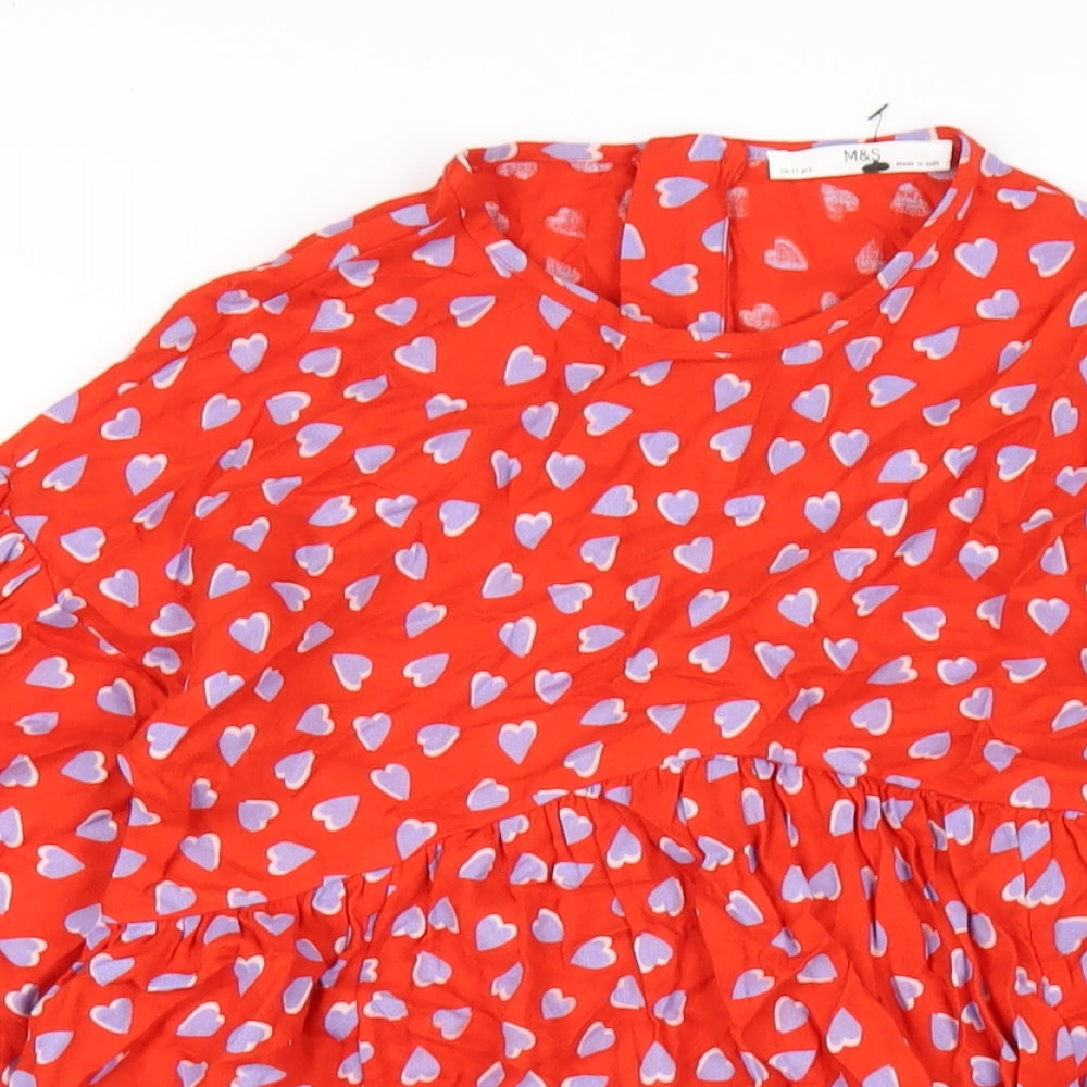 Marks and Spencer Girls Red Geometric Viscose A-Line Size 11-12 Years Round Neck Zip