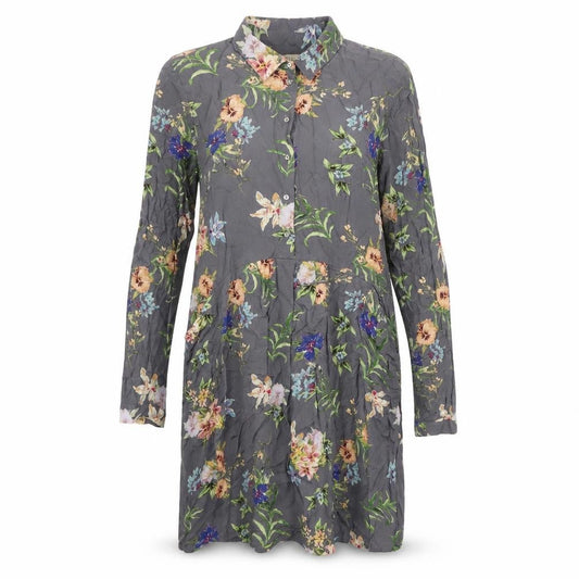 Front view of ESPRIT women’s grey floral viscose shirt dress, size UK 10, collared button