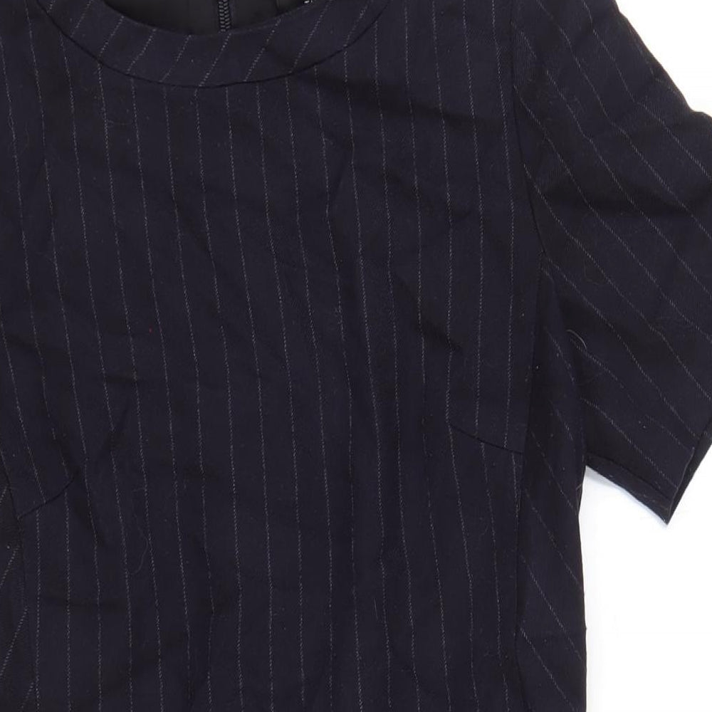 NEXT Womens Blue Striped Polyester A-Line Size 8 Round Neck Zip