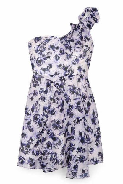 Topshop Womens Purple Geometric Polyester A-Line Size 10 One Shoulder Zip