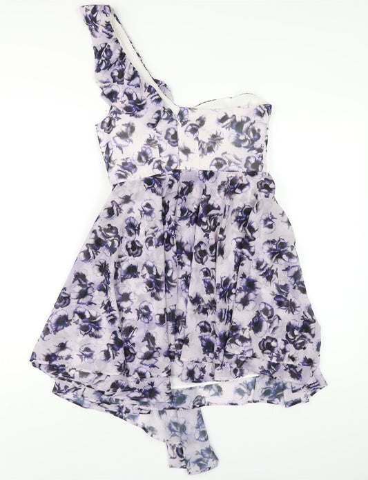 Topshop Womens Purple Geometric Polyester A-Line Size 10 One Shoulder Zip