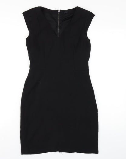 H&M Womens Black Polyester Pencil Dress Size 8 V-Neck Zip