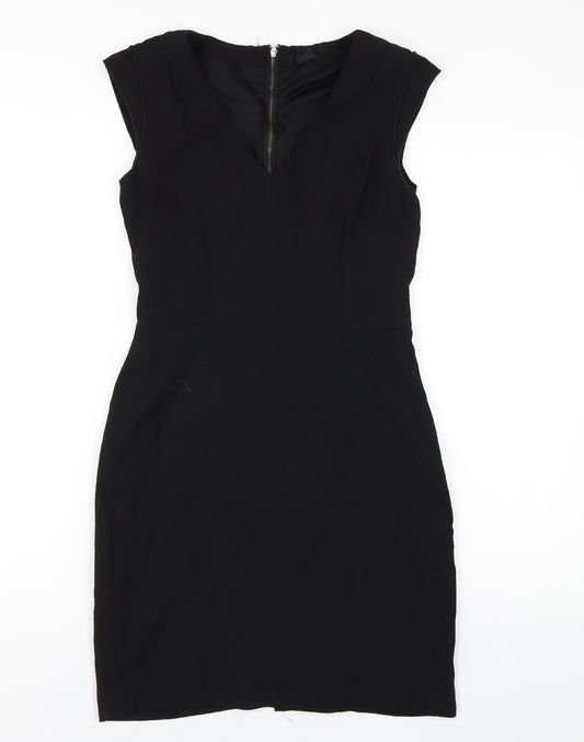 H&M Womens Black Polyester Pencil Dress Size 8 V-Neck Zip