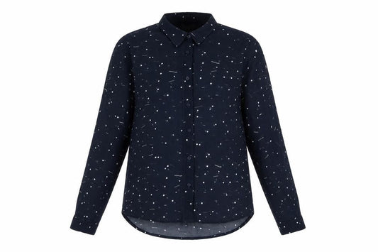 Front view of ICHI women’s blue geometric polyester basic button-up, size UK 8, collared