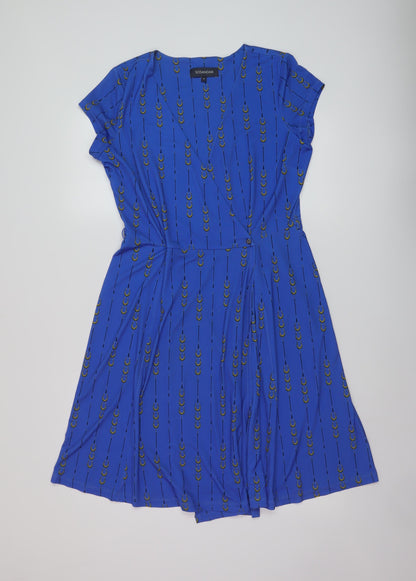 Sosandar Womens Blue Geometric Polyester Wrap Dress Size 12 V-Neck Button