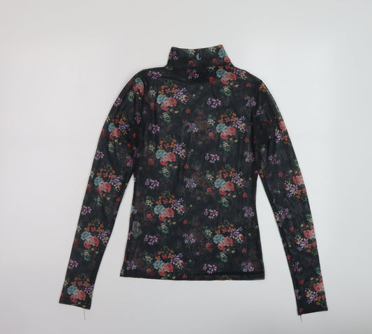 Nasty Gal Womens Black Floral Polyester Basic Blouse Size 6 Mock Neck
