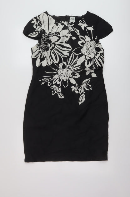 Oasis Womens Black Geometric Silk Sheath Size 10 Round Neck Zip