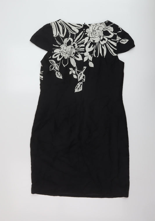 Oasis Womens Black Geometric Silk Sheath Size 10 Round Neck Zip
