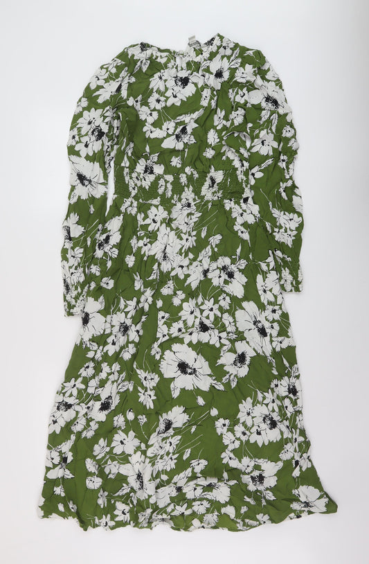 Marks and Spencer Womens Green Floral Viscose A-Line Size 12 Round Neck Button