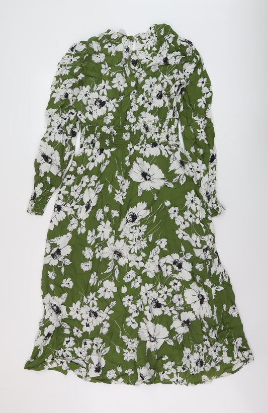 Marks and Spencer Womens Green Floral Viscose A-Line Size 12 Round Neck Button