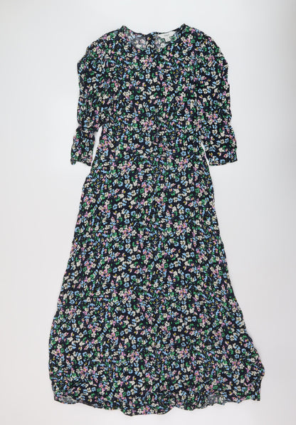 Marks and Spencer Womens Blue Floral Viscose A-Line Size 8 Round Neck Zip