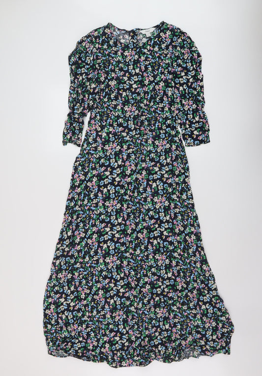 Marks and Spencer Womens Blue Floral Viscose A-Line Size 8 Round Neck Zip