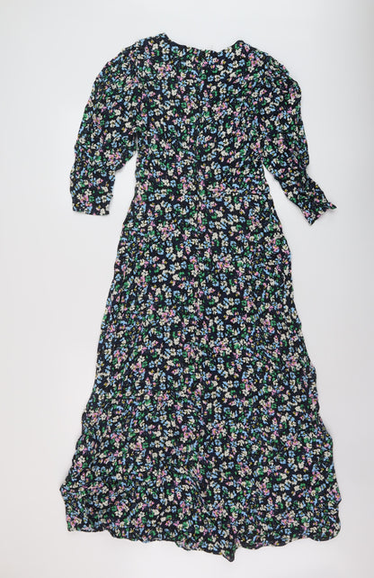 Marks and Spencer Womens Blue Floral Viscose A-Line Size 8 Round Neck Zip