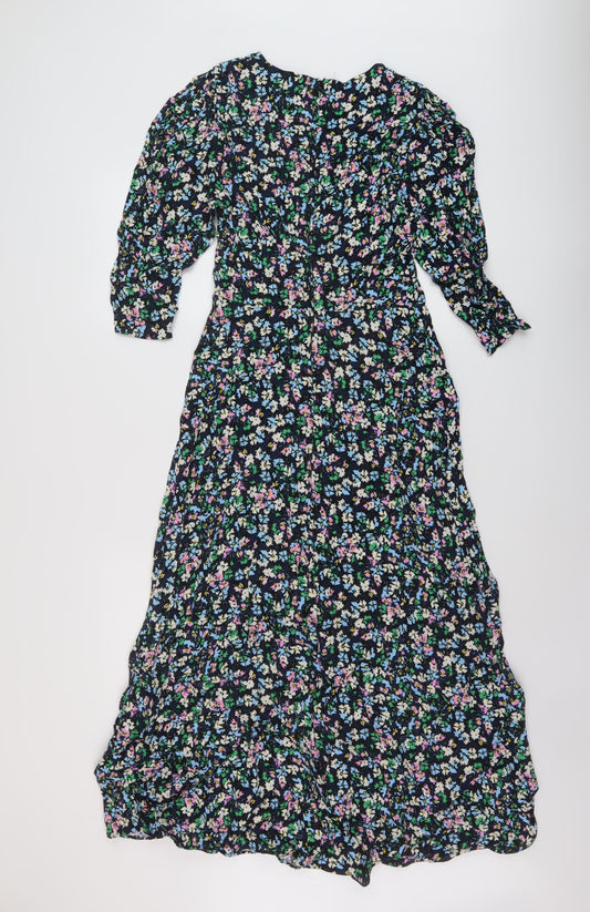 Marks and Spencer Womens Blue Floral Viscose A-Line Size 8 Round Neck Zip
