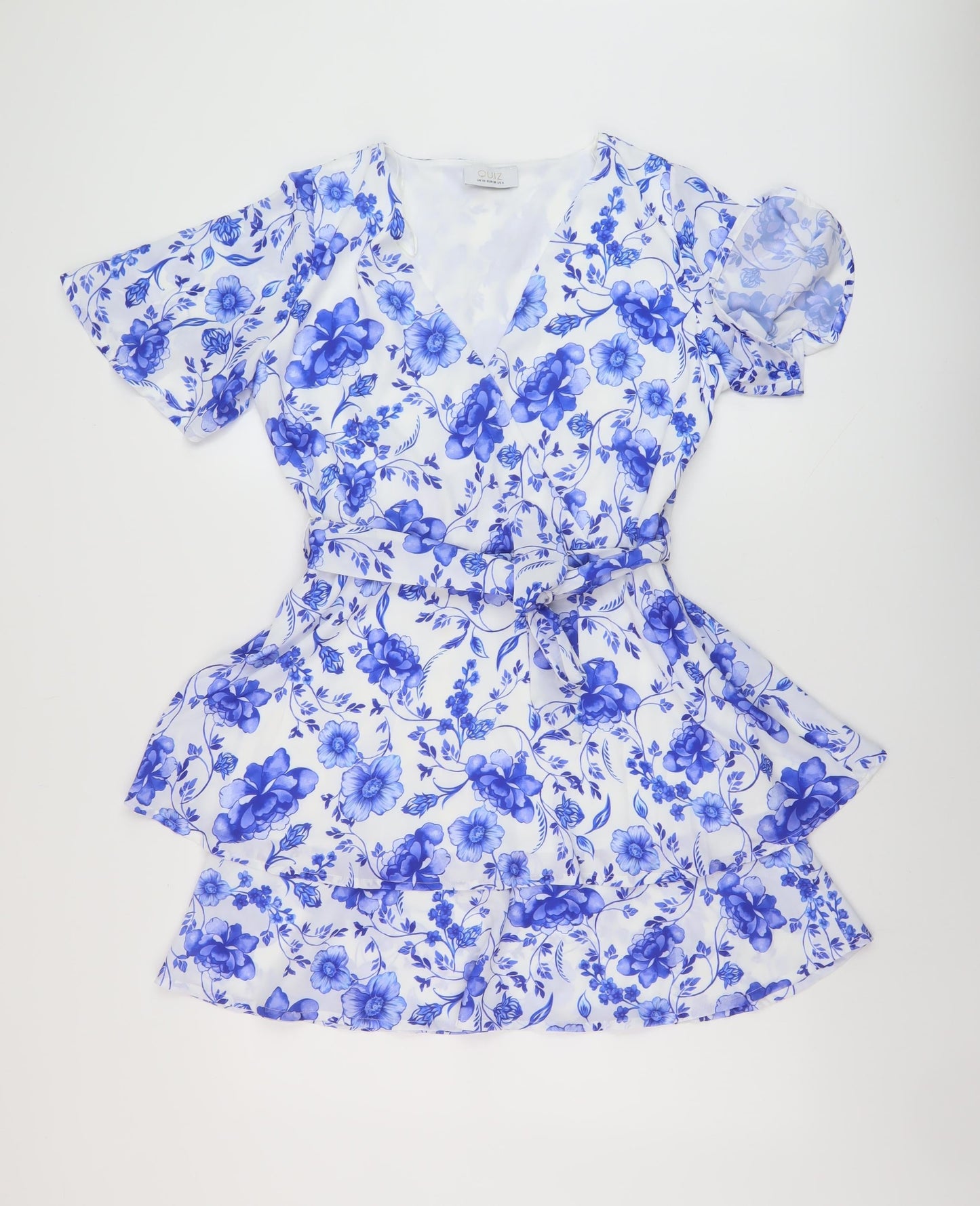 Quiz Womens Blue Floral Polyester A-Line Size 10 V-Neck Pullover
