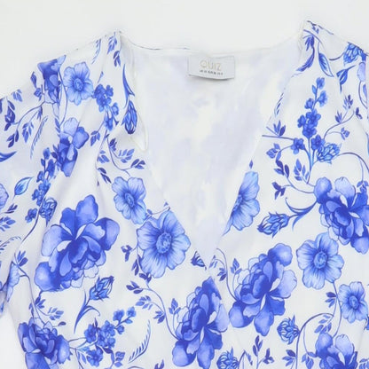 Quiz Womens Blue Floral Polyester A-Line Size 10 V-Neck Pullover