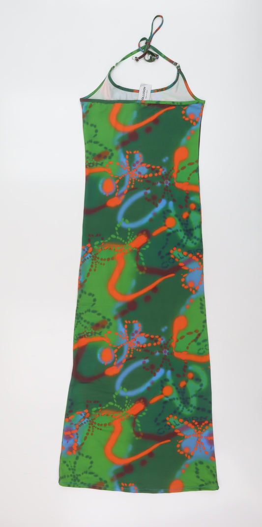 COLLUSION Womens Green Geometric Polyester Bodycon Size 6 Round Neck Pullover