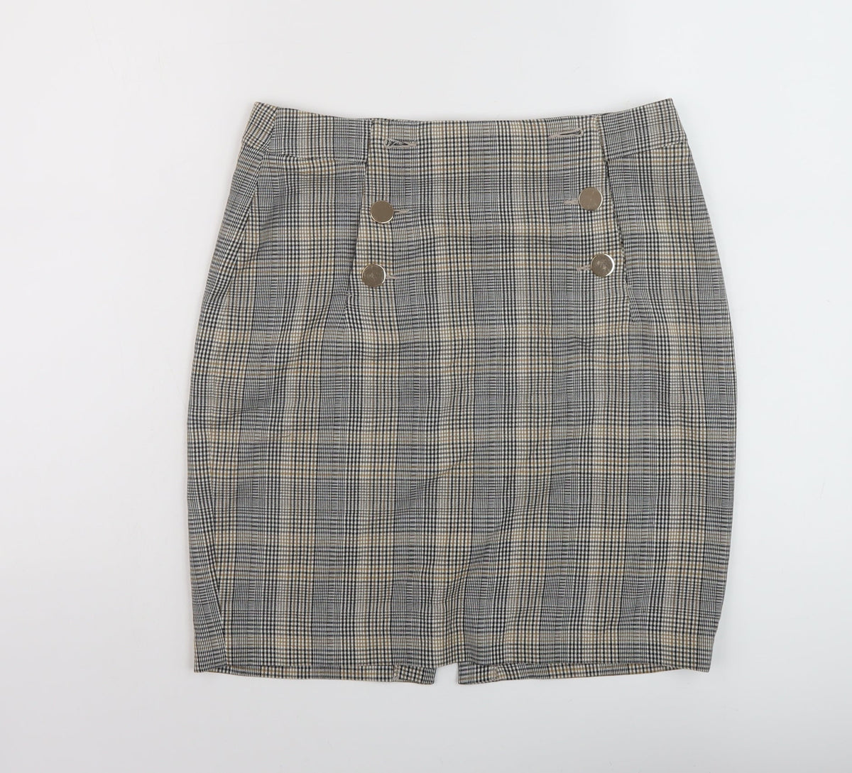 Additional front view of h7M women’s grey plaid polyester mini skirt, size UK 10, zip