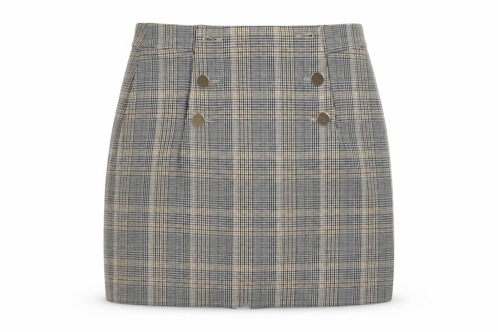 Front view of h7M women’s grey plaid polyester mini skirt, size UK 10, zip