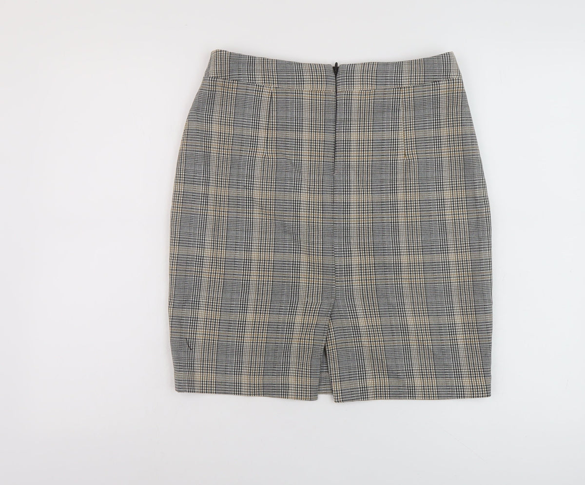 Back view of h7M women’s grey plaid polyester mini skirt, size UK 10, zip