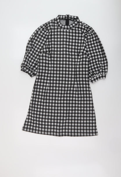 Sinsay Womens Black Check Polyester A-Line Size M Mock Neck Zip